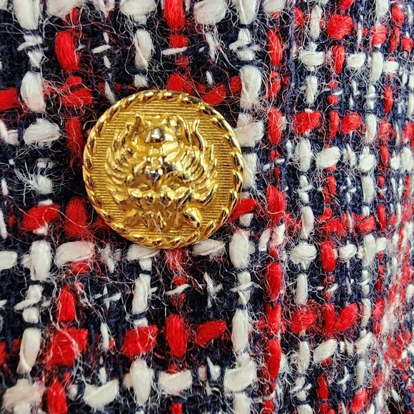 Vintage 80s Boucle Single Breasted Blazer Red White Blue Lion Insignia Buttons - Picture 4 of 15